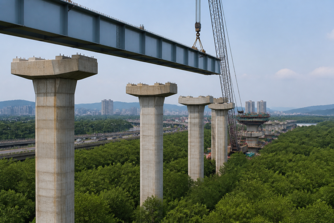 Construction of the Thane Coastal Road with elevated piers and girders along the Mumbai Metropolitan Region corridor