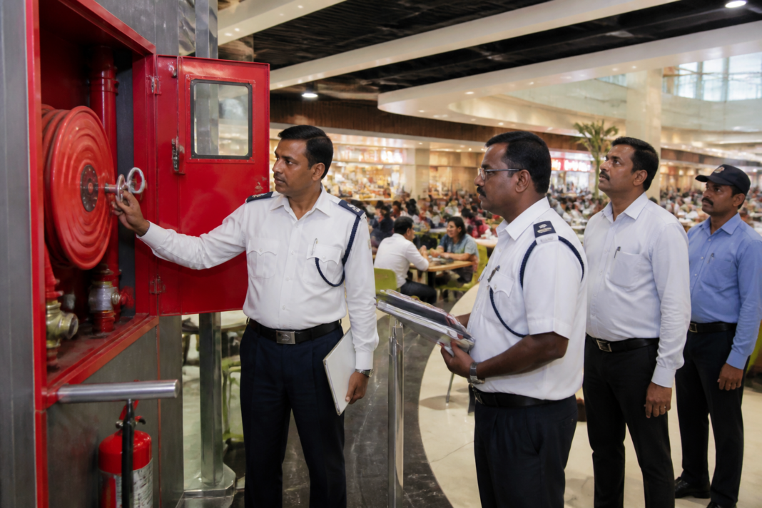 Fire safety officials inspecting a mall corridor and emergency exit signage during a Kolkata fire safety audit