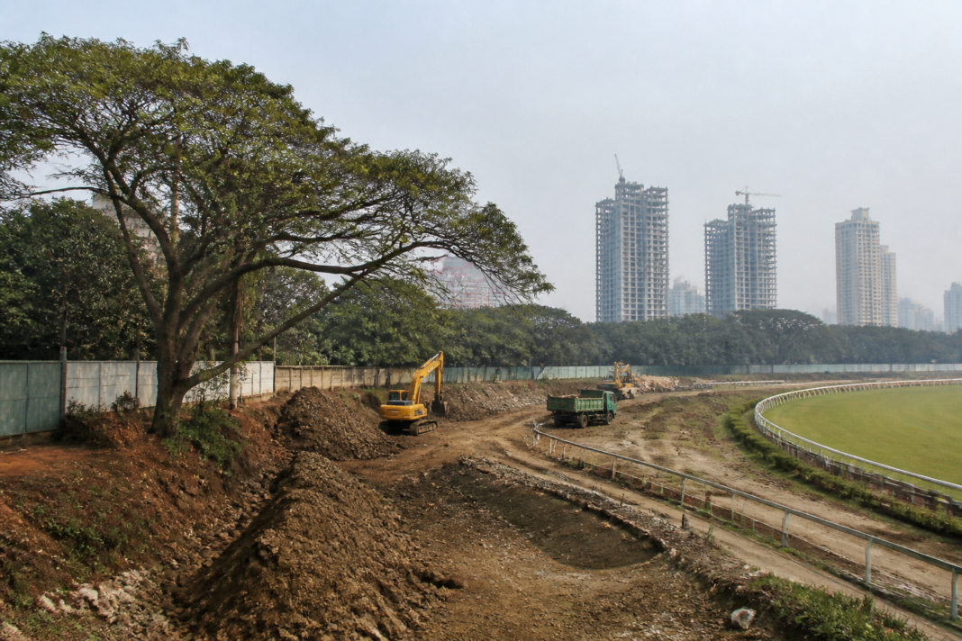 Trees and construction activity at Mumbai’s Mahalaxmi Racecourse, where the BMC filed an NC over 10 missing trees