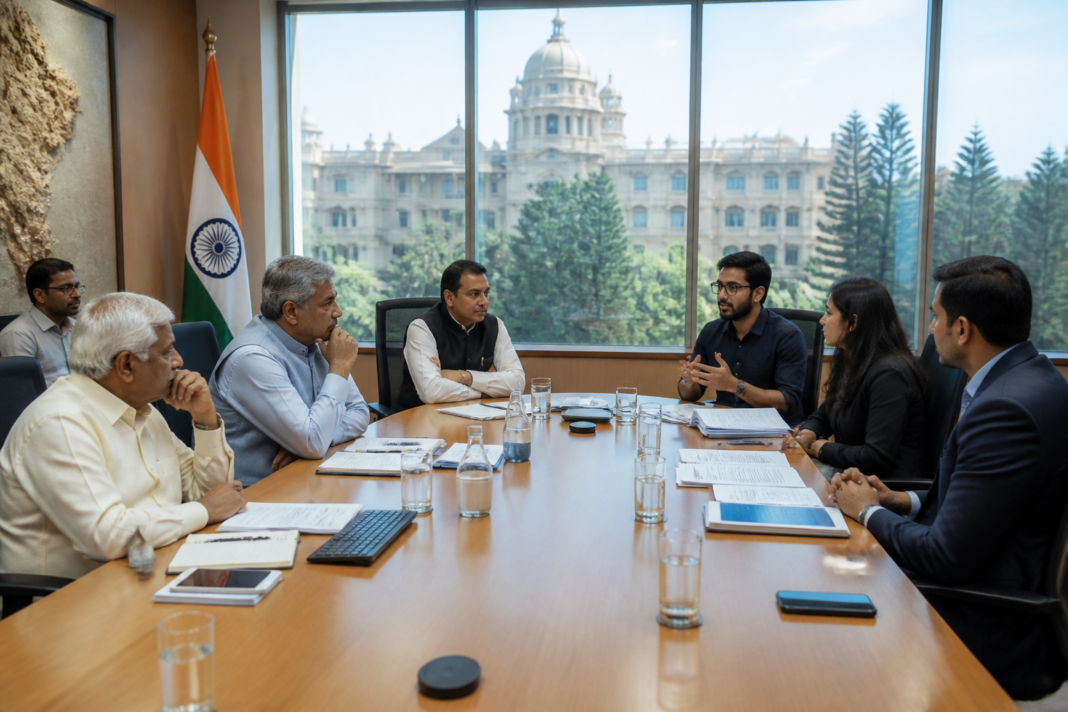 Karnataka government and startup representatives discussing technology solutions at a government office in Bengaluru