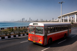 BEST bus travelling on Mumbai Coastal Road in Mumbai