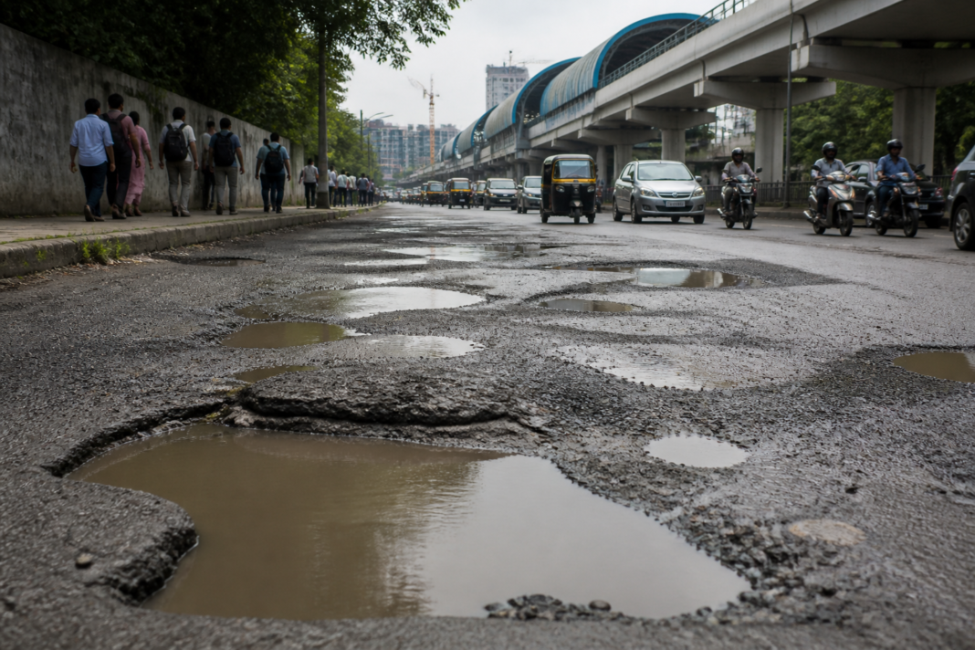 Potholes on a Mumbai road near the Sahar Metro 3 station, the site of a planned protest by the Watchdog Foundation