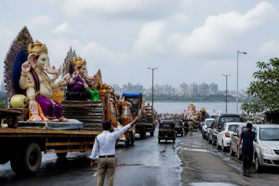 Traffic and civic infrastructure near Vashi Creek being prepared for Ganesh visarjan in Navi Mumbai