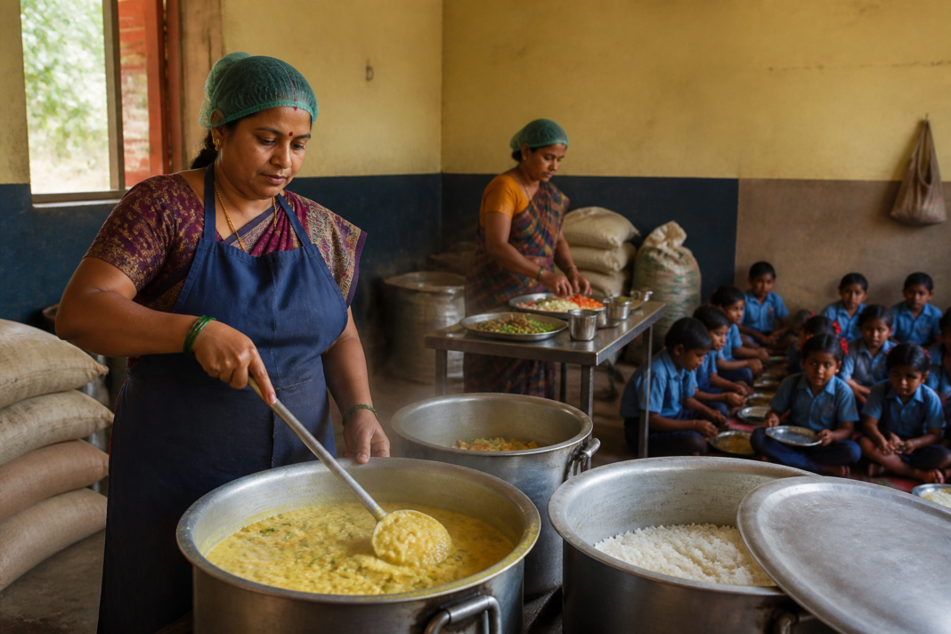 School staff preparing a PM Poshan meal in a Palghar school kitchen