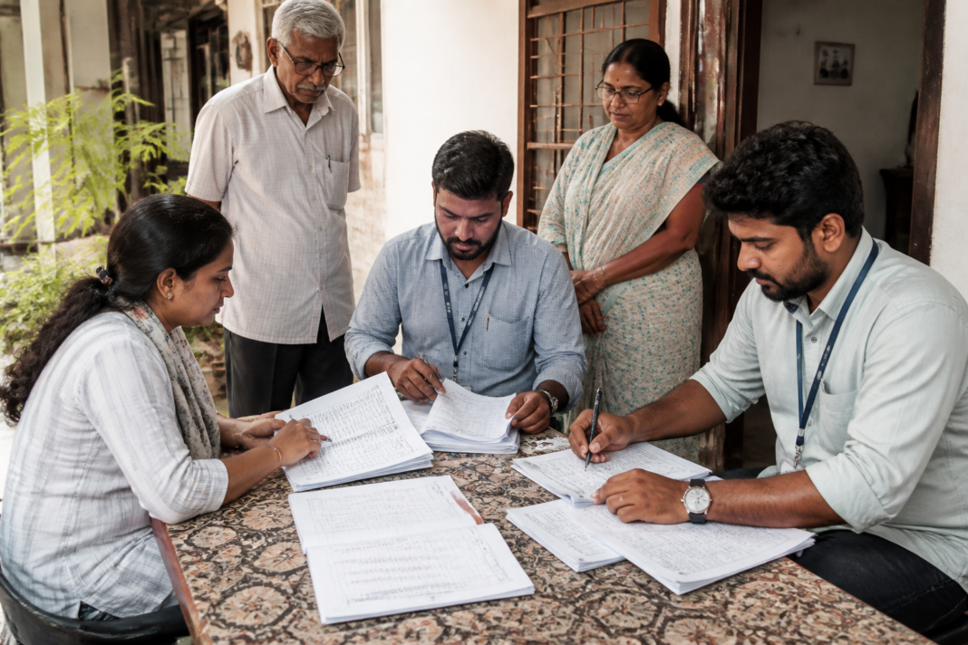 Election officials conduct voter record verification during Karnataka's SIR electoral roll revision in Bengaluru