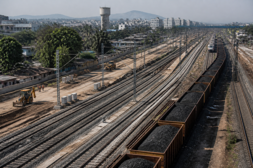 Railway multitracking projects under construction on a busy Indian rail corridor with freight wagons and passenger tracks