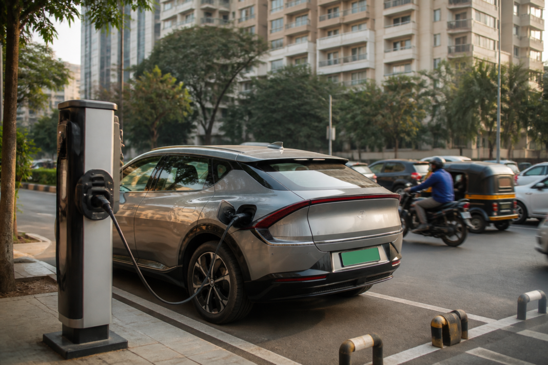 Electric car charging at an urban station, illustrating electric car adoption in India