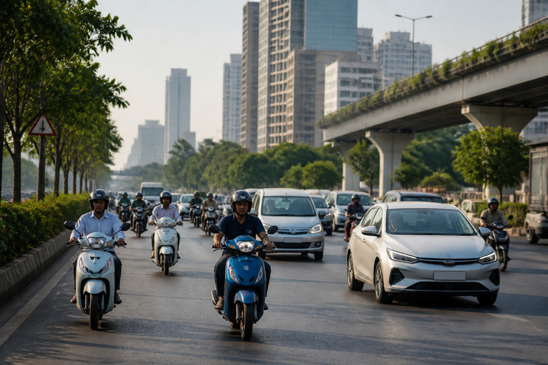 Electric vehicles and electric two-wheelers on a Mumbai street, representing the city’s growing EV fleet