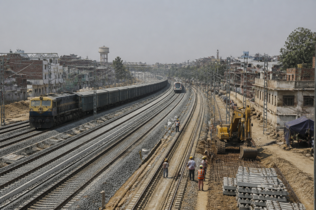 Railway multitracking project with parallel tracks and freight trains in an Indian rail corridor