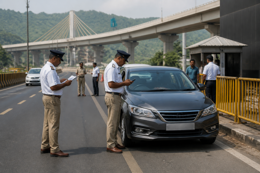 Transport officials inspect a car fitted with a hidden number plate device near Pimpri-Chinchwad