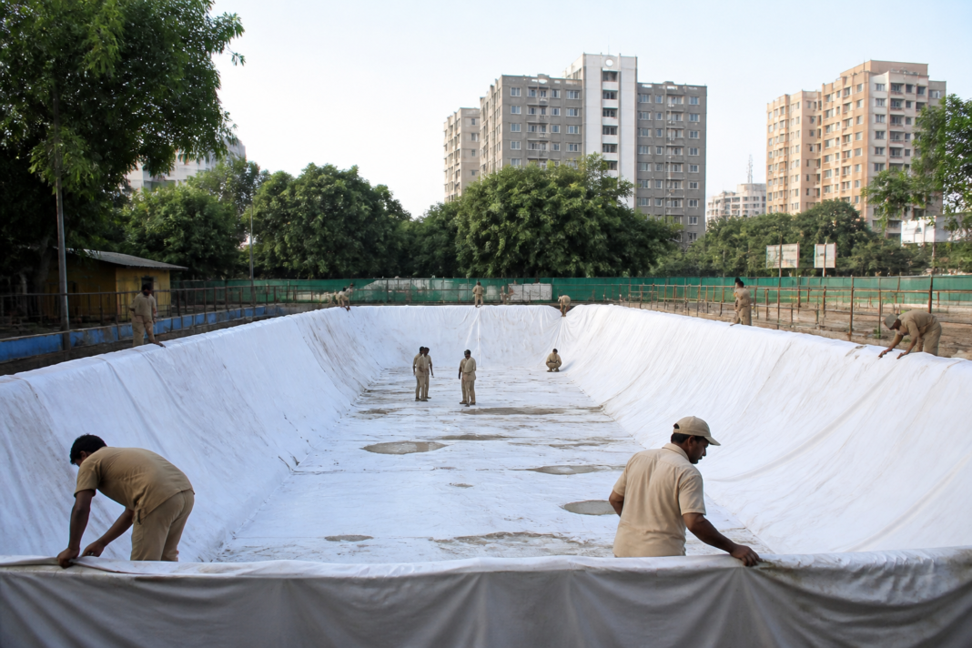 Artificial immersion pond being prepared for the Ganesh festival in Navi Mumbai