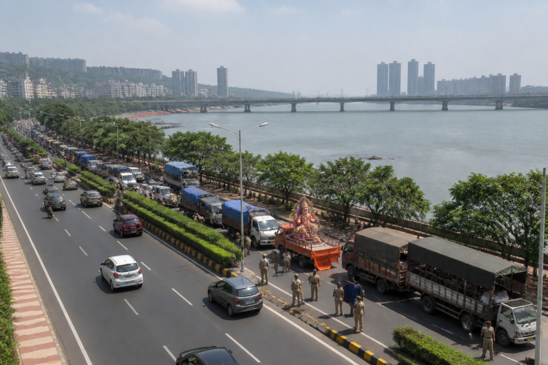 Traffic and urban roads near Vashi Creek during Ganesh visarjan preparations in Navi Mumbai
