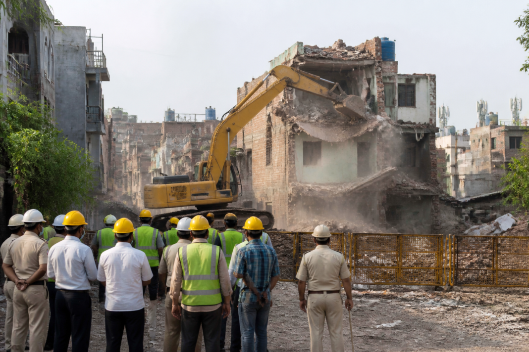 MCD demolition drive targeting an unsafe building in Delhi after the Satya Niketan collapse