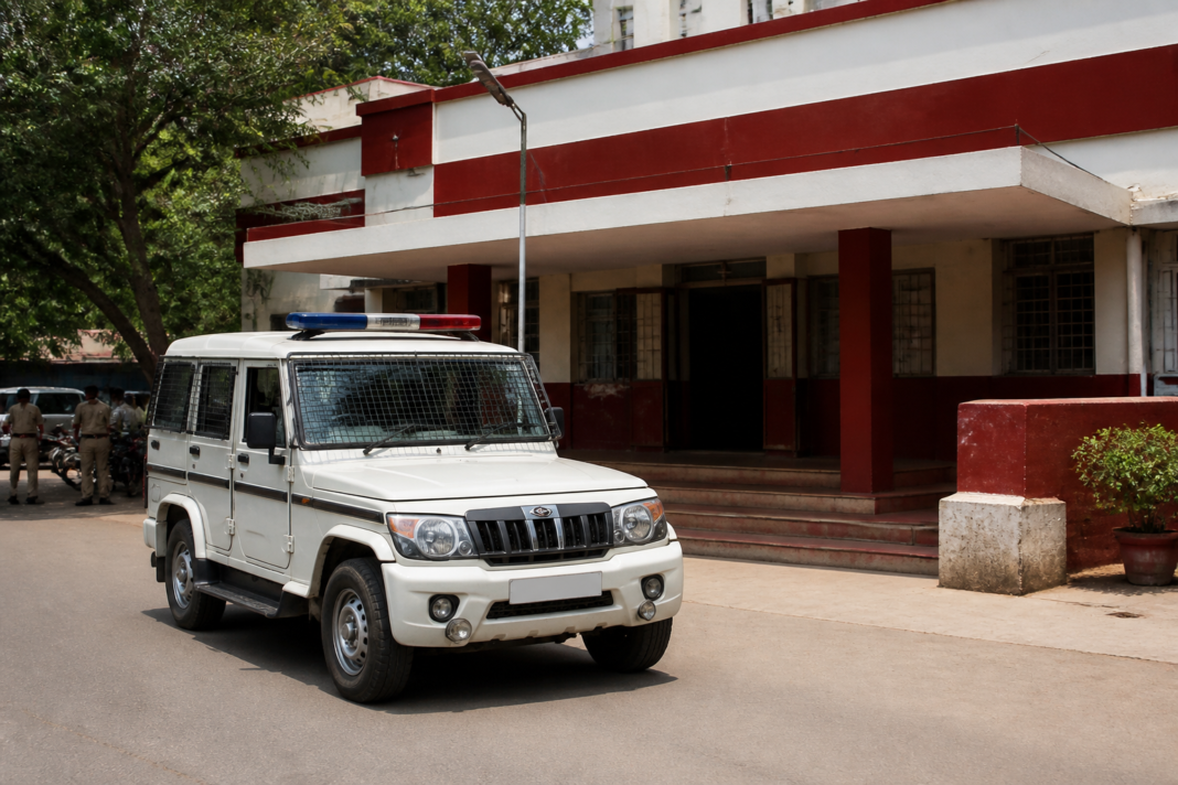 Chennai Police vehicle near Tiruvottiyur Police Station in connection with the Tiruvottiyur murder investigation