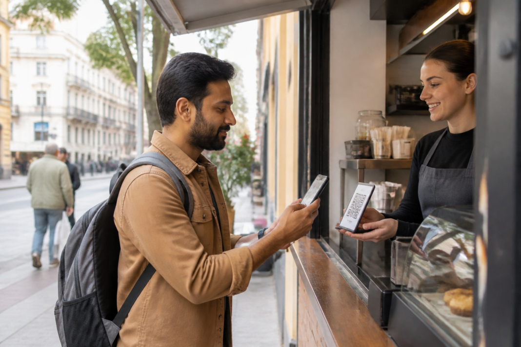Indian traveller using international UPI to scan a QR code at an overseas merchant