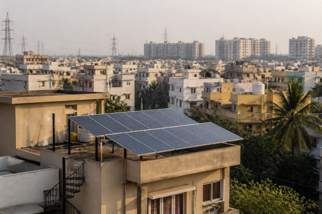 Rooftop solar panels installed on an urban home under the PM Surya Ghar subsidy programme