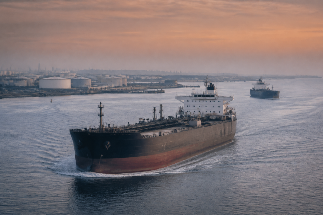 Oil tanker traffic near a major maritime shipping channel, illustrating rising oil prices and risks to urban transport costs