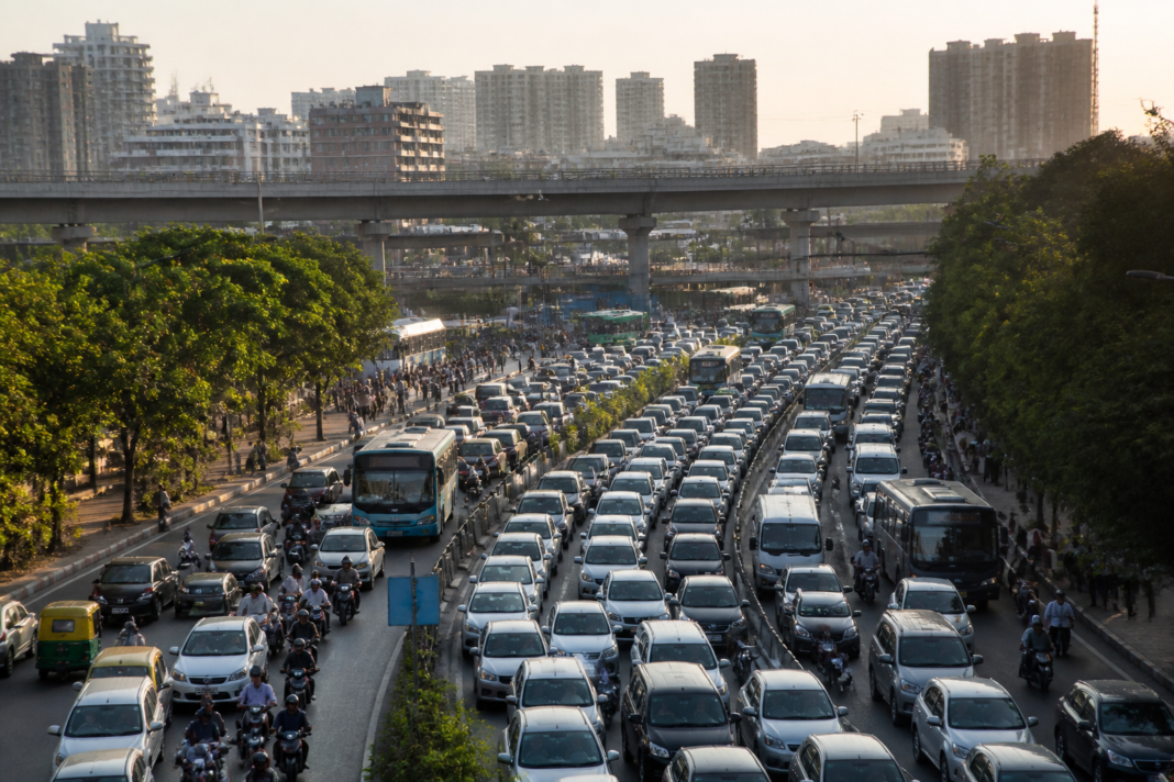 Traffic congestion on a major Bengaluru arterial road with elevated road infrastructure and urban buildings in the background