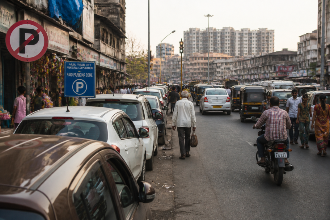 Vehicles parked along both sides of a congested road in Vasai-Virar, illustrating the city’s parking rules enforcement problem