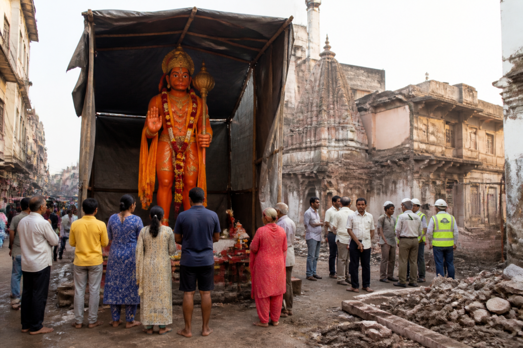Khade Hanuman idol standing under a waterproof tent beside the dismantled temple site on Ujjain's road-widening route