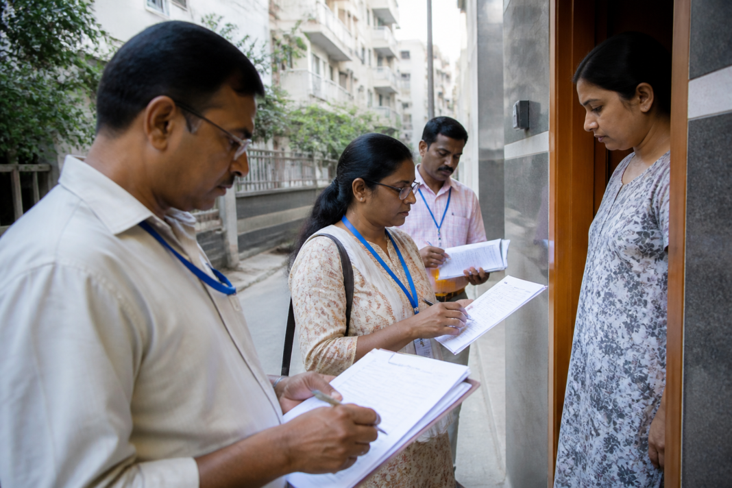 Election officials verify voter records during Karnataka SIR notices and electoral roll revision in Bengaluru
