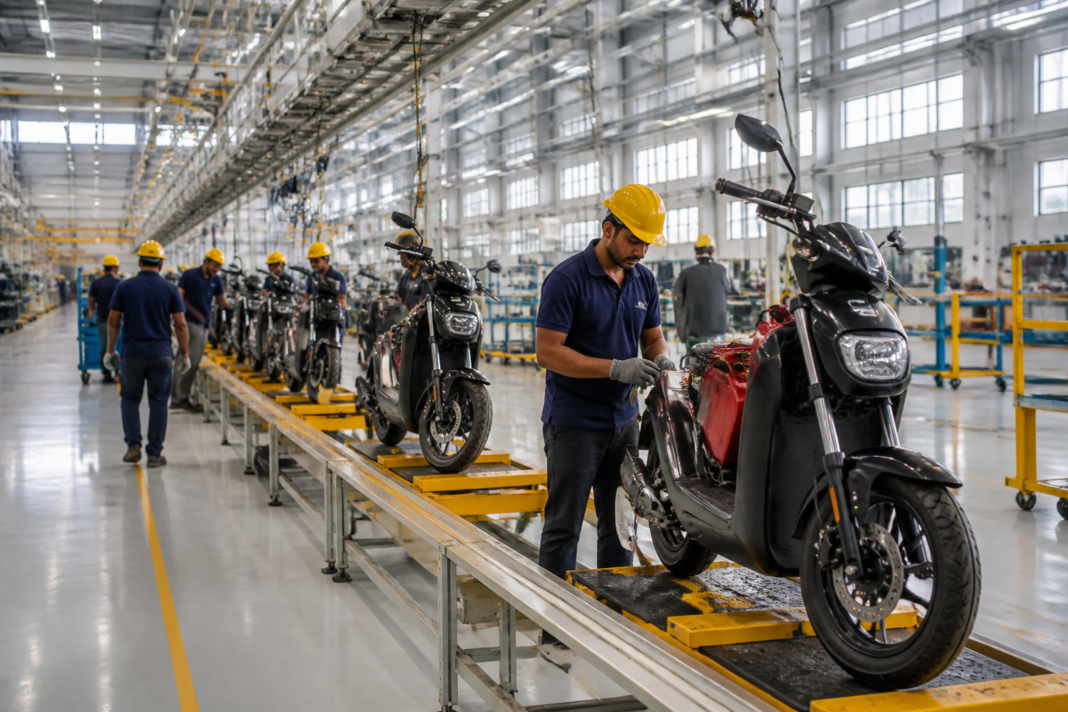 Electric two-wheelers at an EV manufacturing facility planned for Hosur, Tamil Nadu