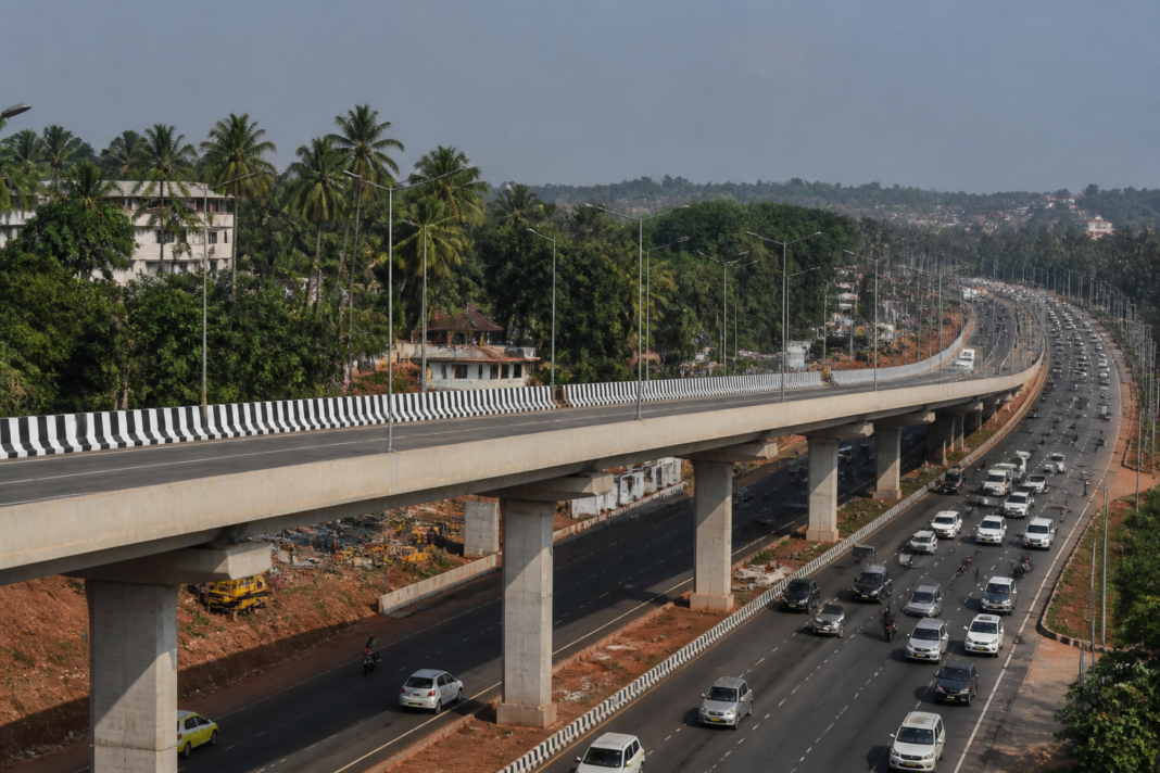 Mumbai-Goa Highway infrastructure and elevated road corridor near Porvorim in Goa
