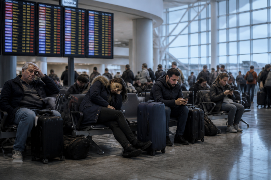 Passengers waiting with luggage inside an airport terminal during a UK air traffic outage