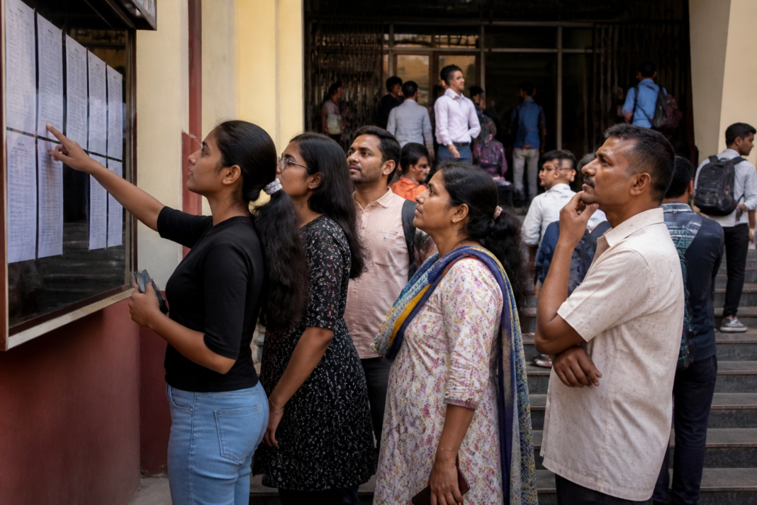 Students and parents reviewing Maharashtra college fees and admission notices at a professional college in Maharashtra