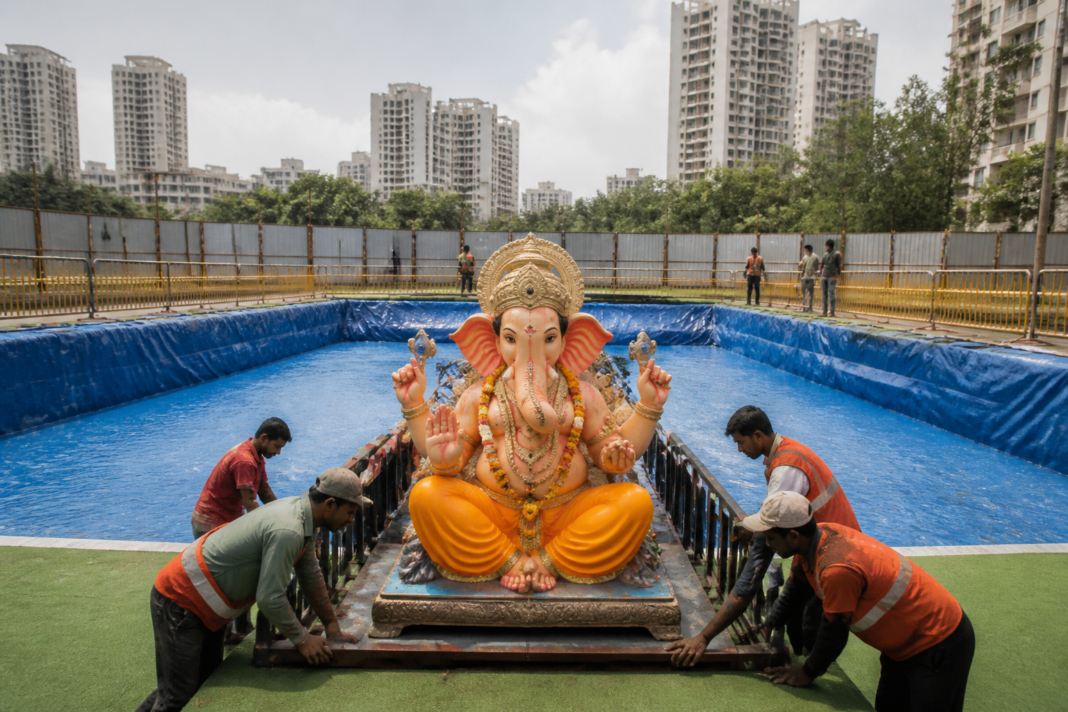 Artificial immersion pond prepared by Navi Mumbai Municipal Corporation for Ganesh visarjan