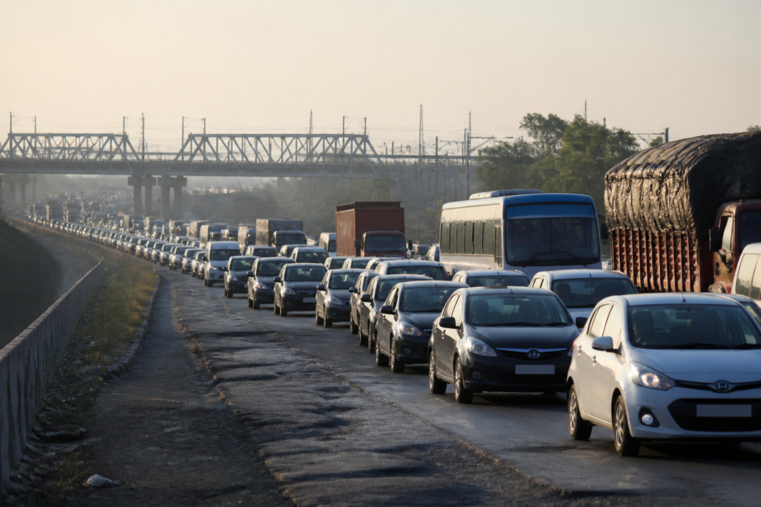 Long line of vehicles during a traffic jam on the Mumbai-Ahmedabad Highway near Vasai-Virar