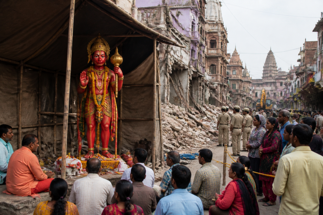 Khade Hanuman idol standing beneath a waterproof tent beside the remains of a dismantled temple on a Ujjain road-widening route
