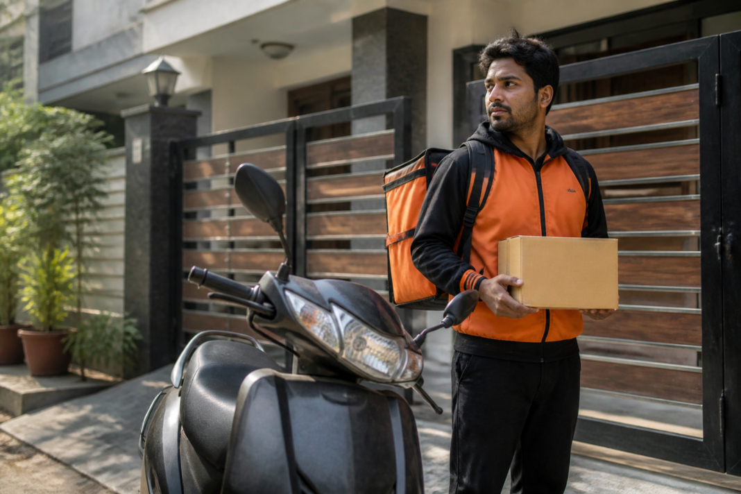 Rapido parcel delivery rider near a residential building in New Delhi