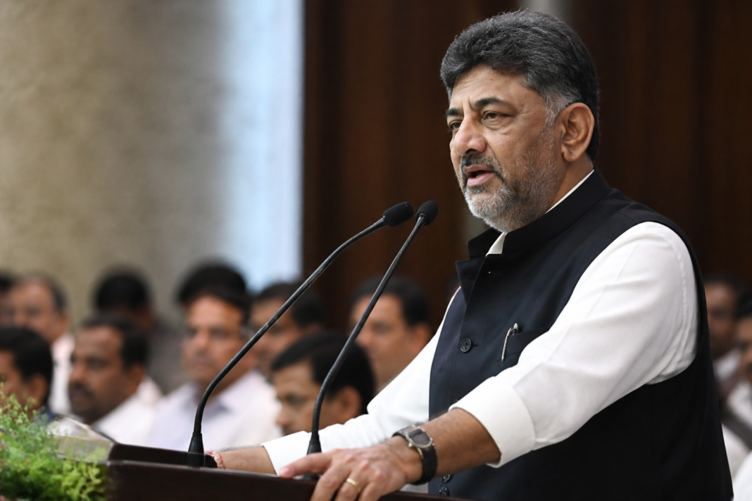 Karnataka Chief Minister D.K. Shivakumar addressing the public during a government review in Bengaluru