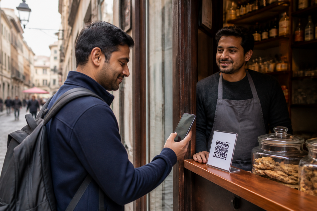 Indian traveller using international UPI to scan a QR code at an overseas shop counter