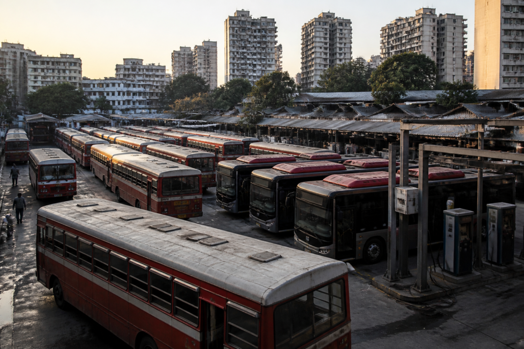 BEST buses at a Mumbai depot, illustrating the debate over BEST revival and public transport ownership