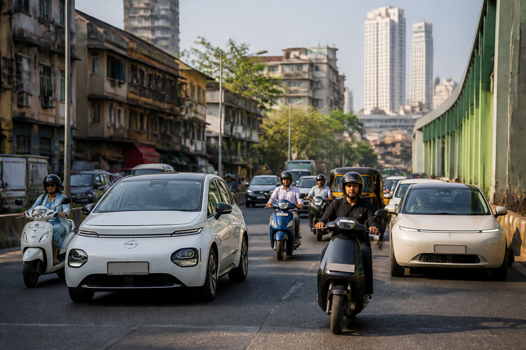 Electric vehicles moving through a Mumbai street, illustrating the city’s growing EV fleet