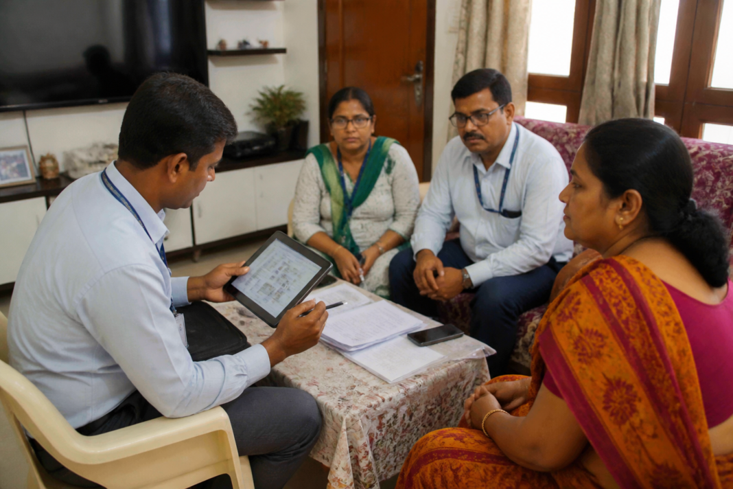 Election officials conducting voter record verification during Karnataka SIR notices process in Bengaluru