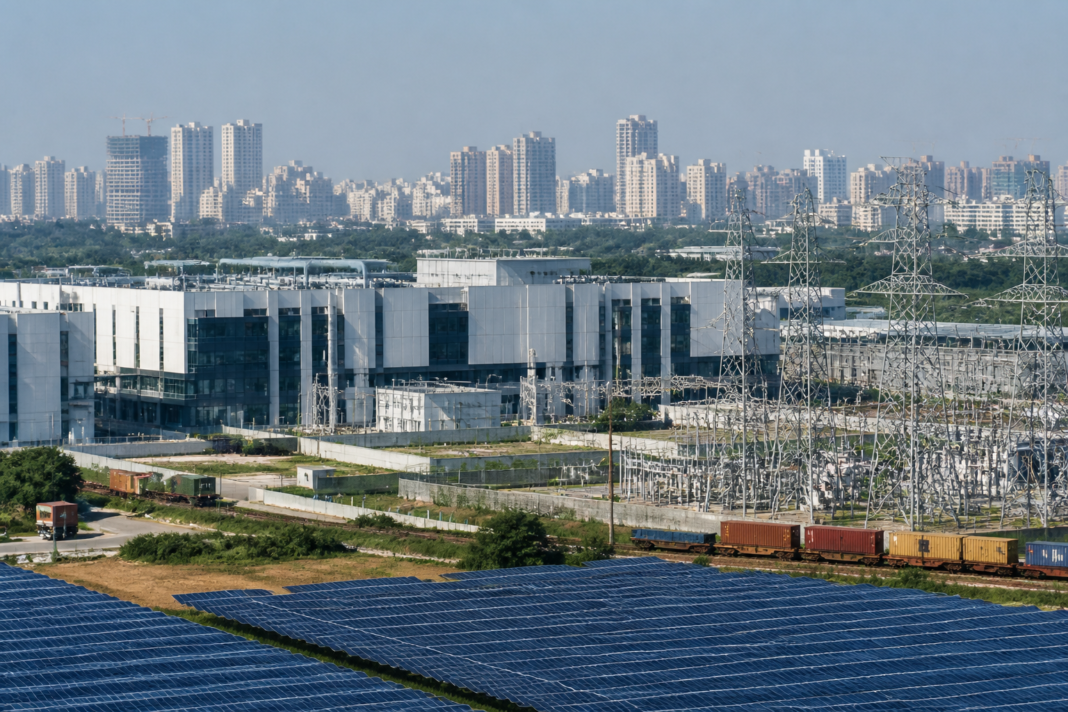 Industrial technology manufacturing facility in India with solar panels, power infrastructure and modern urban development in the background