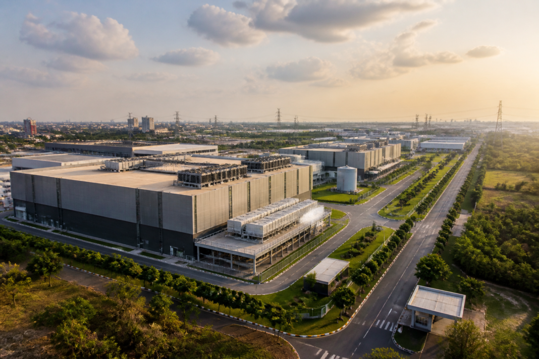 Planned Telangana AI data centre park infrastructure corridor near Hyderabad with power transmission lines and urban roads