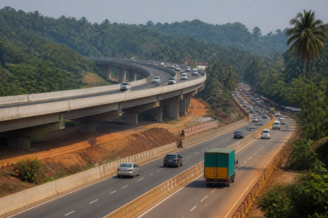 Mumbai-Goa highway construction and elevated road infrastructure near Goa