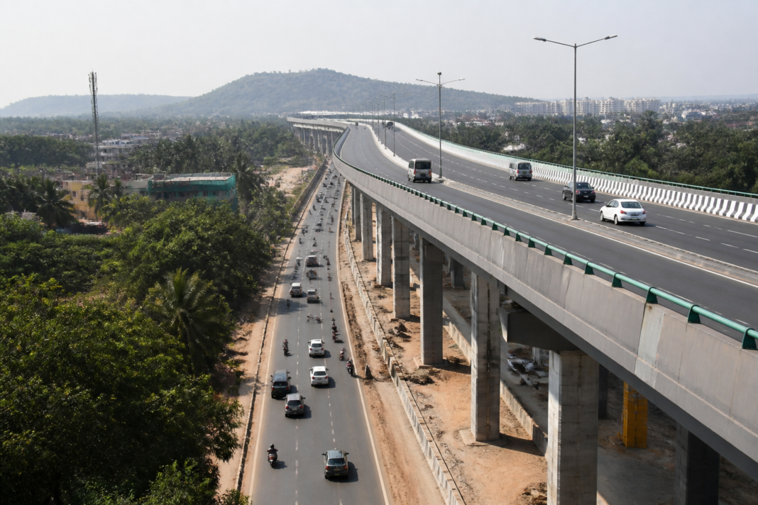 Elevated road corridor and highway traffic near Porvorim in Goa, linked to the Mumbai-Goa highway project