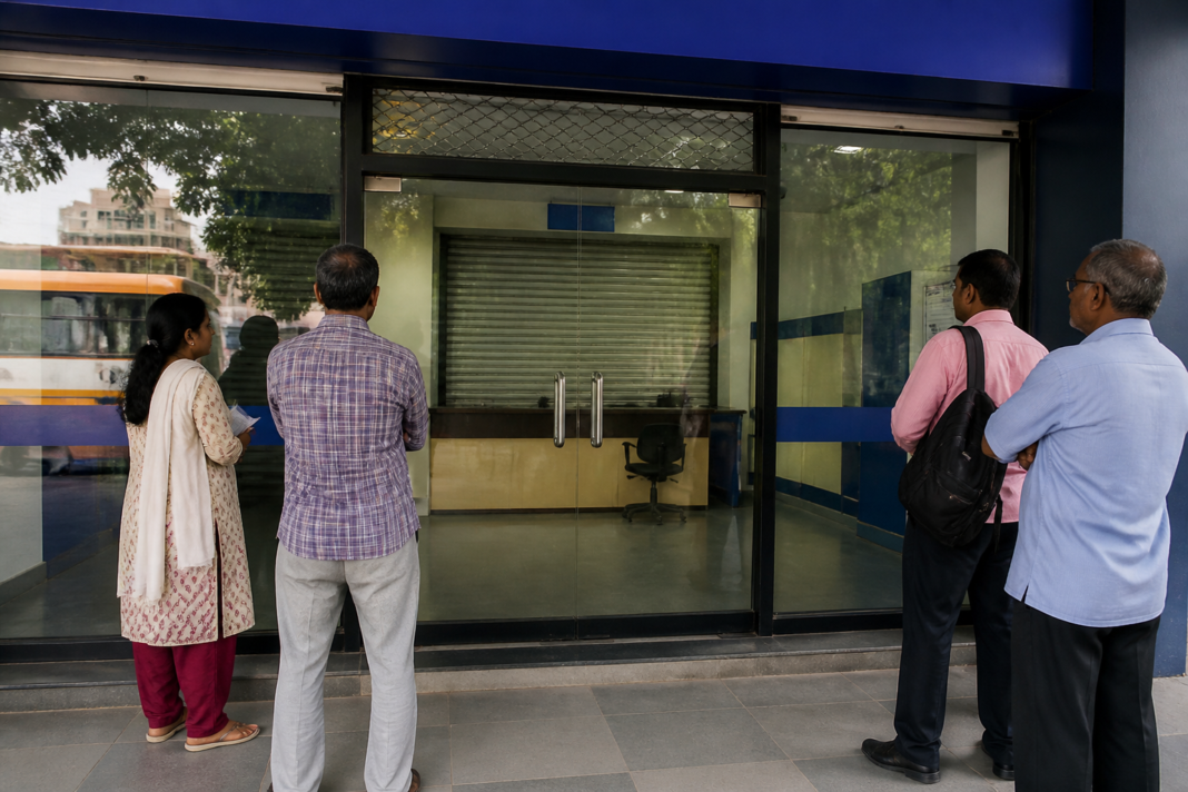 Bank customers outside a branch on September 11 amid possible strike-related service disruptions in India