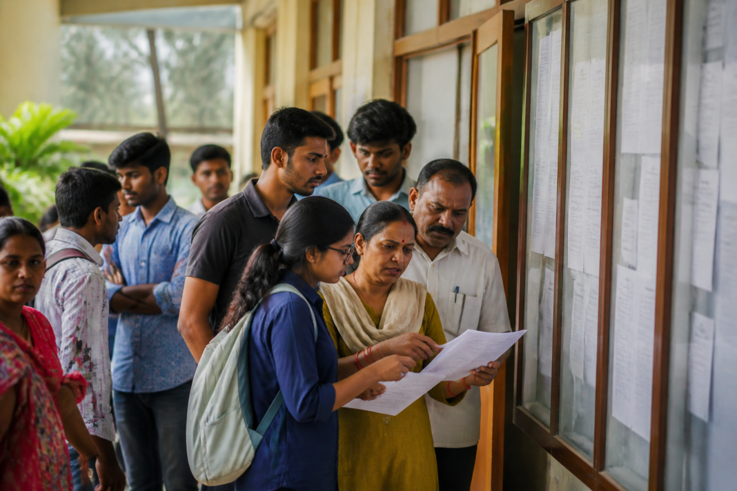 Students and parents reviewing Maharashtra college fees and admission documents at a professional college office