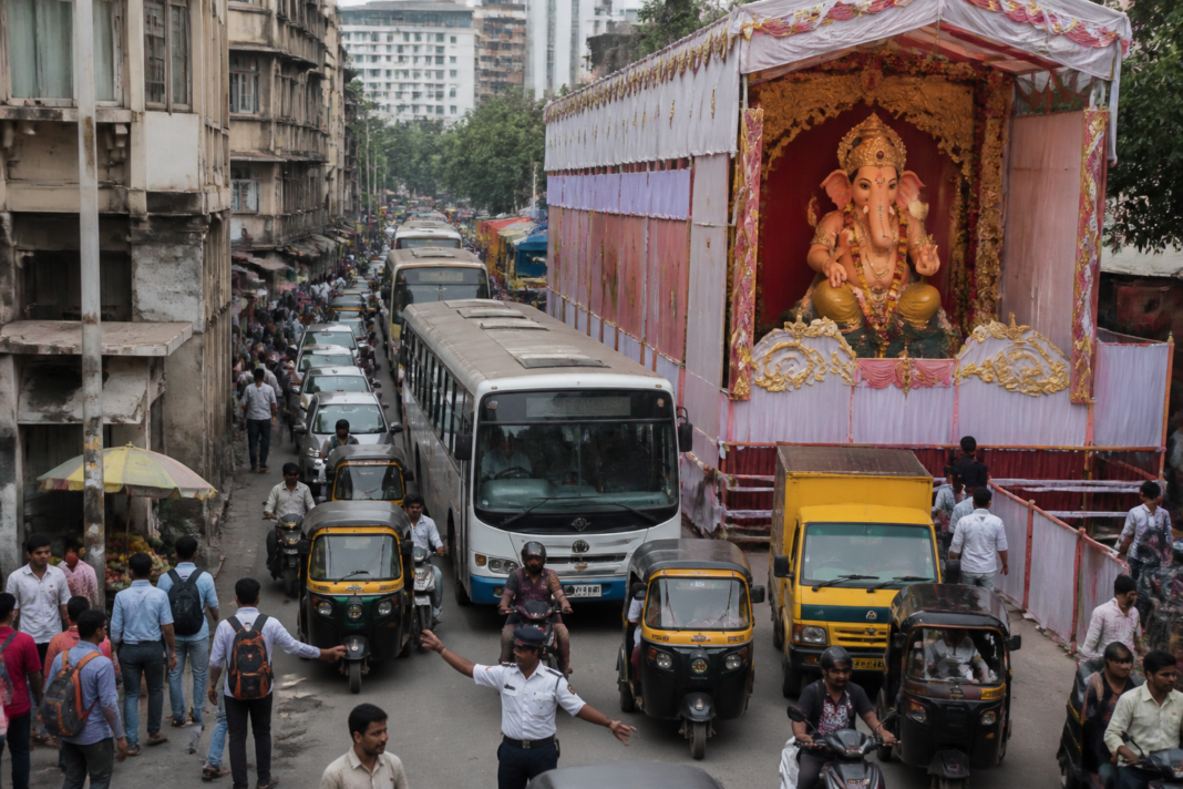 Traffic congestion around a Ganesh festival mandap on a narrow road in Pune