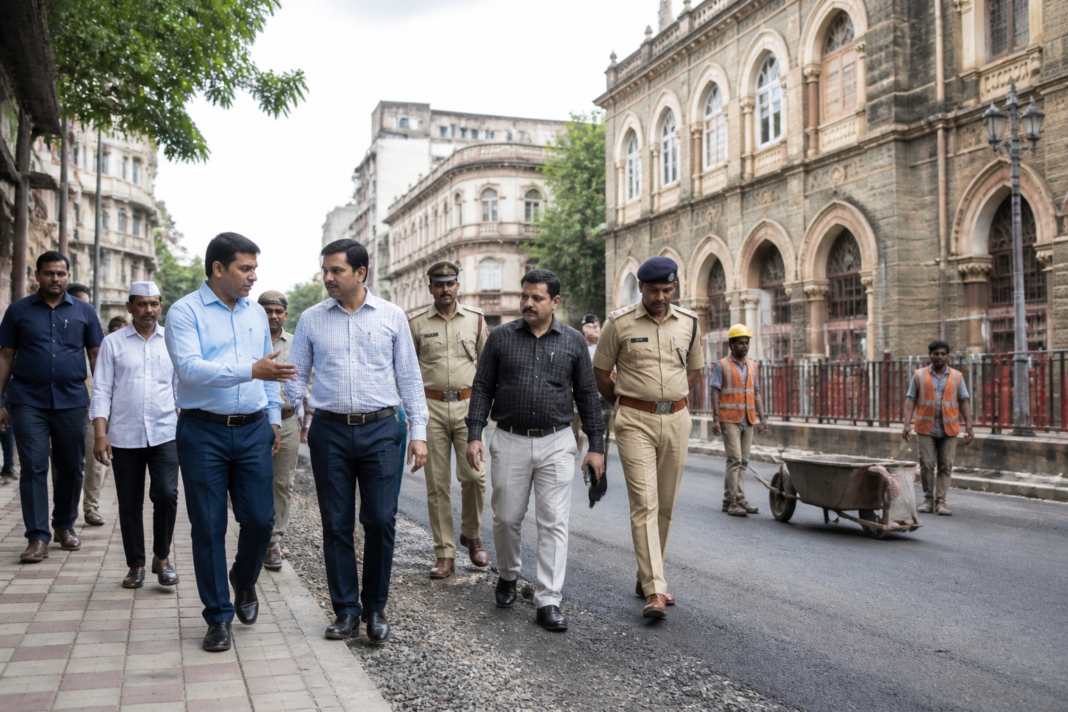 Officials inspecting a Ganeshotsav procession route on a central Pune road ahead of the festival