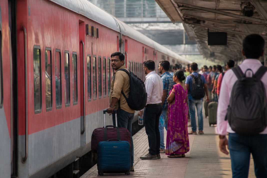 Indian passenger train at a railway platform, representing demand for a Mumbai Kolhapur daily express service