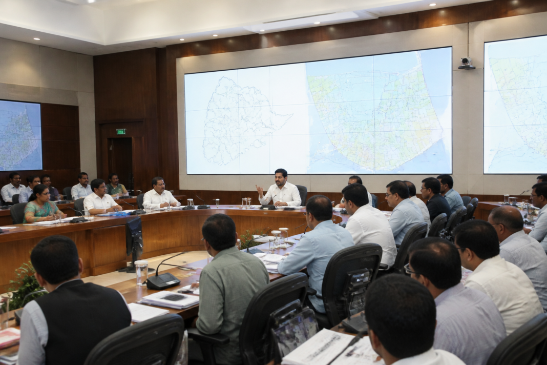Andhra Pradesh Chief Minister Chandrababu Naidu at a district collectors’ conference discussing a government land portal