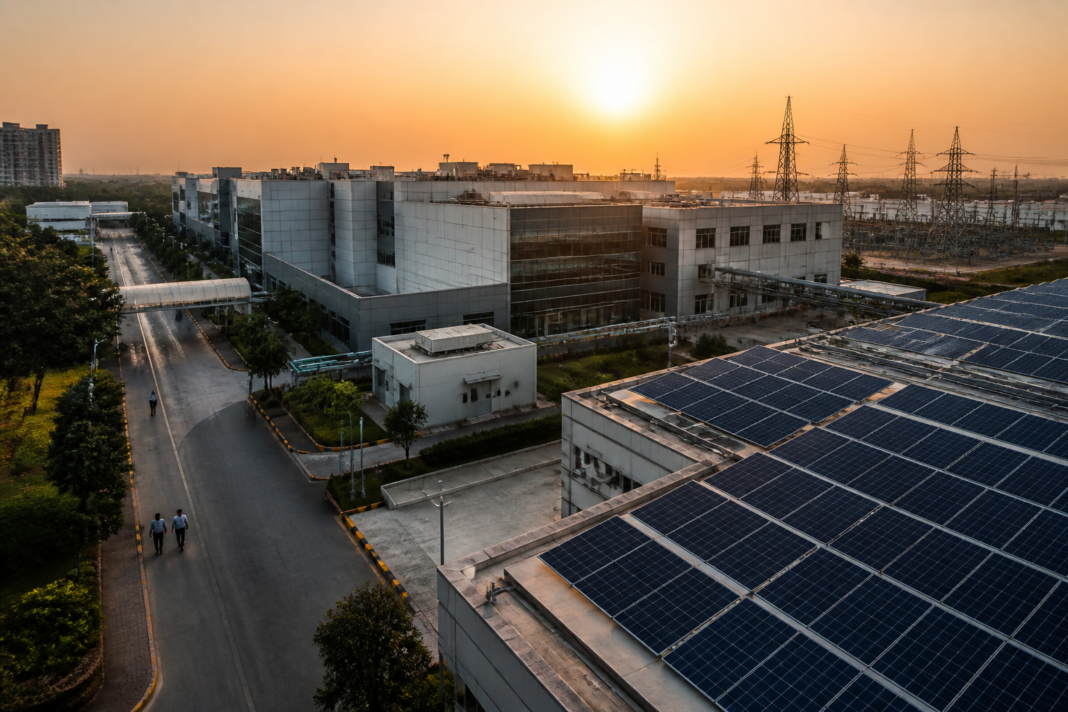 Industrial technology manufacturing facility with solar panels, data-centre infrastructure and urban development in India