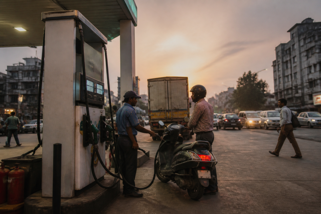 Fuel station in an Indian city with petrol and diesel price displays amid rising crude oil prices